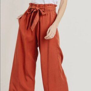 C’est Toi 100% Tencel Rust Colored Paper Bag Tied Waist Straight Leg Pants